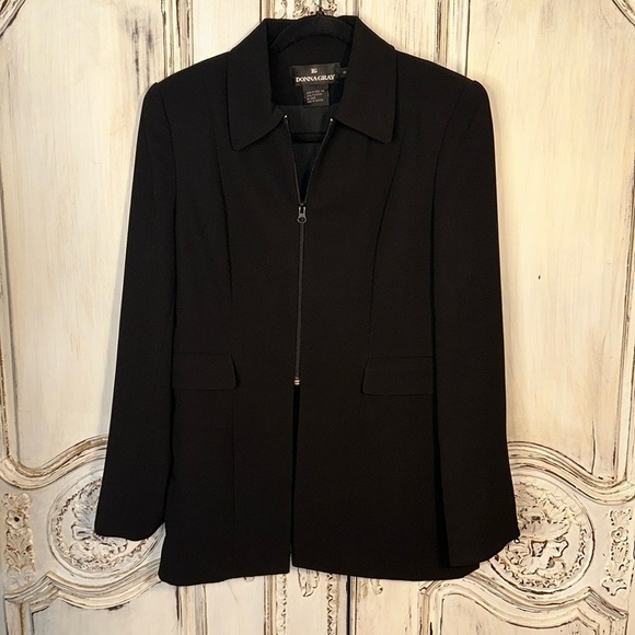 Donna Gray Black Long Line Front Zip Double Pockets Blazer Jacket Size 8 - Picture 1 of 10